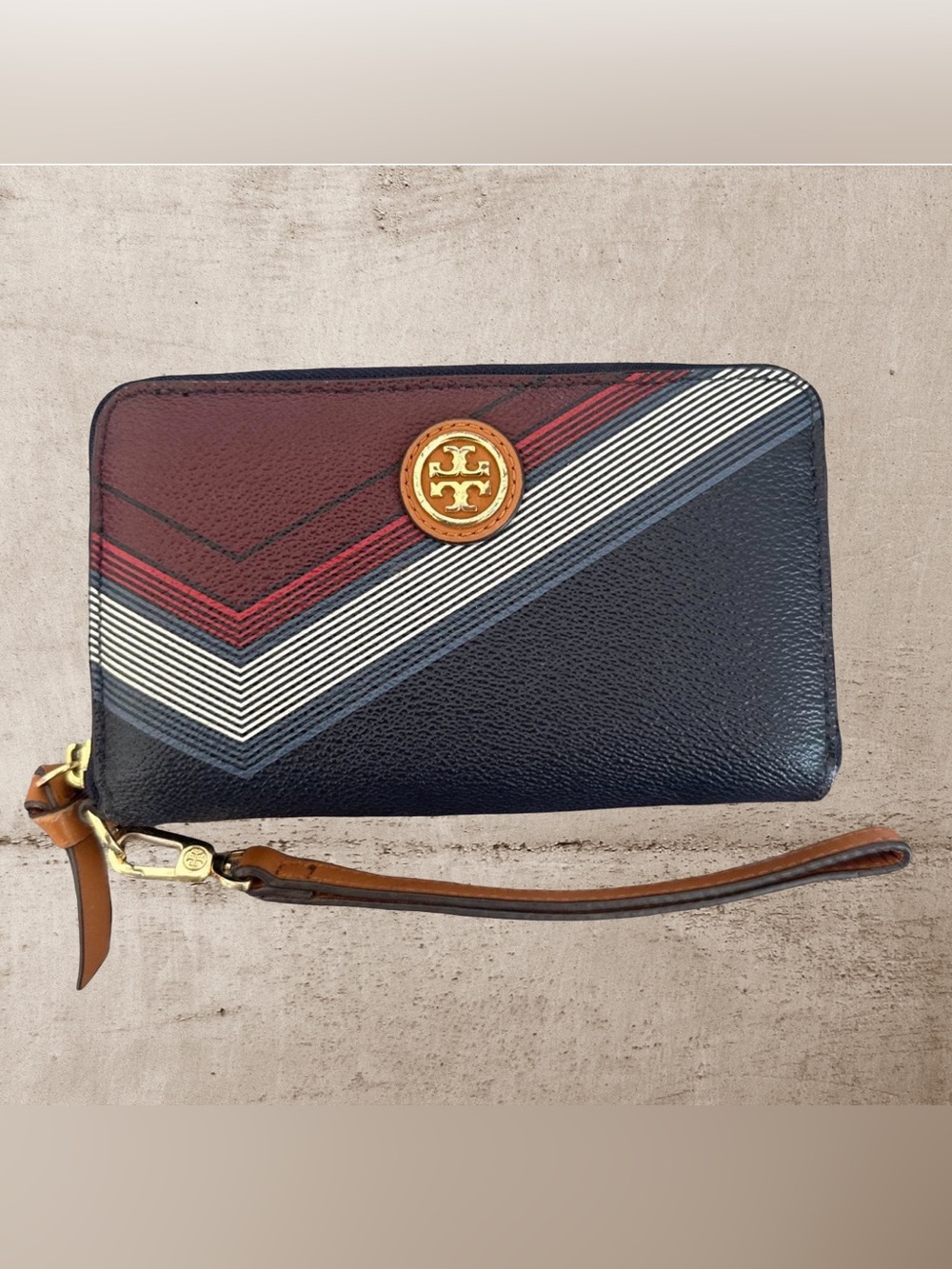 Tory Burch Navy Burgundy White Brown Multi Color Chevron Zip Continental Wallet